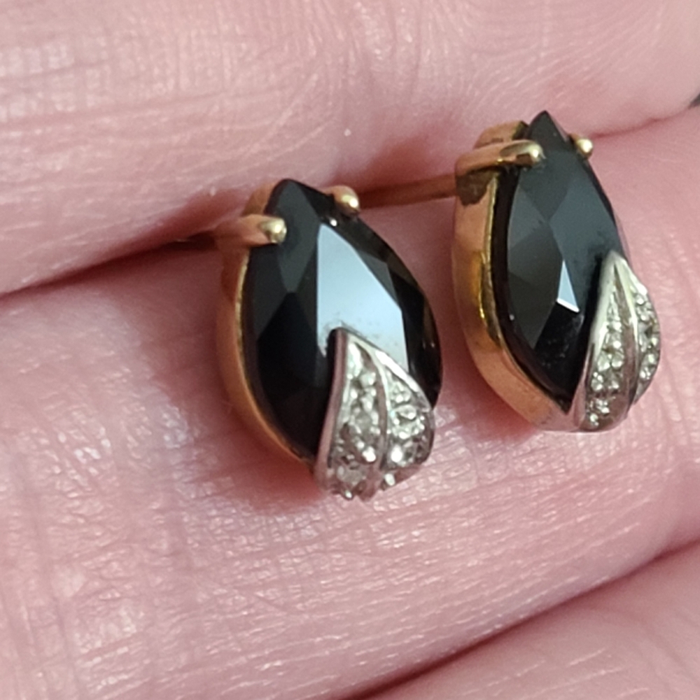 14k Gold Onyx Diamond Stud Earrings Teardrop Vintage Estate Jewelry 80's Euc